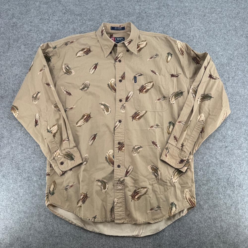 Chaps Ralph Lauren Mens M Tan Cotton Feather Print Button Down Shirt Long Sleeve